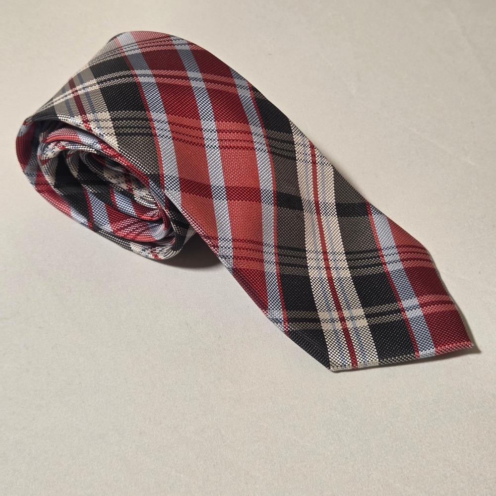 Alexander Julian Colours Mens Plaid Necktie Red Black Grey White Check Silk Tie